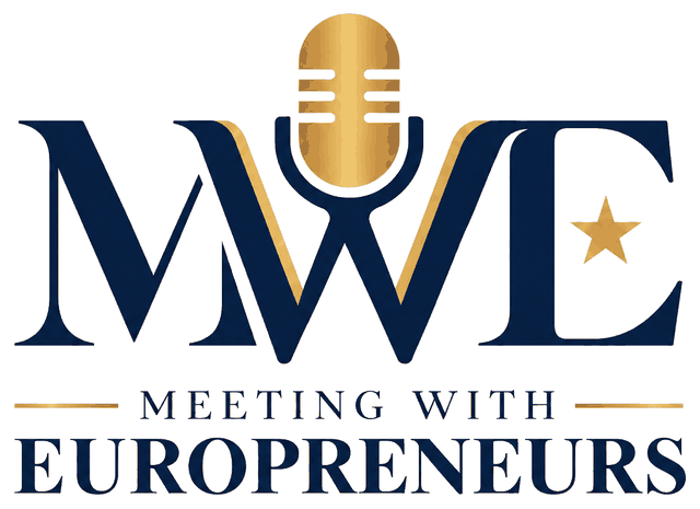Meeting with Europreneurs cover art: MWE monogram with a golden microphone